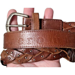 Vintage Abercrombie L XL Brown Leather Belt Braided Studded Spell Out 41.5" Long